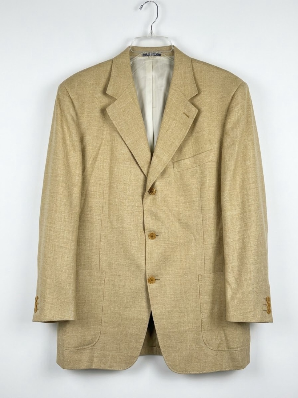 Canali Vintage Silk Linen Wool Blazer Beige Made in Italy US 46R